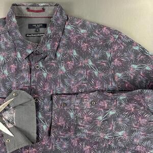 Ted Baker Shirt Mens XL Navy Blue Fireworks AOP Turquoise Flipcuff Dress